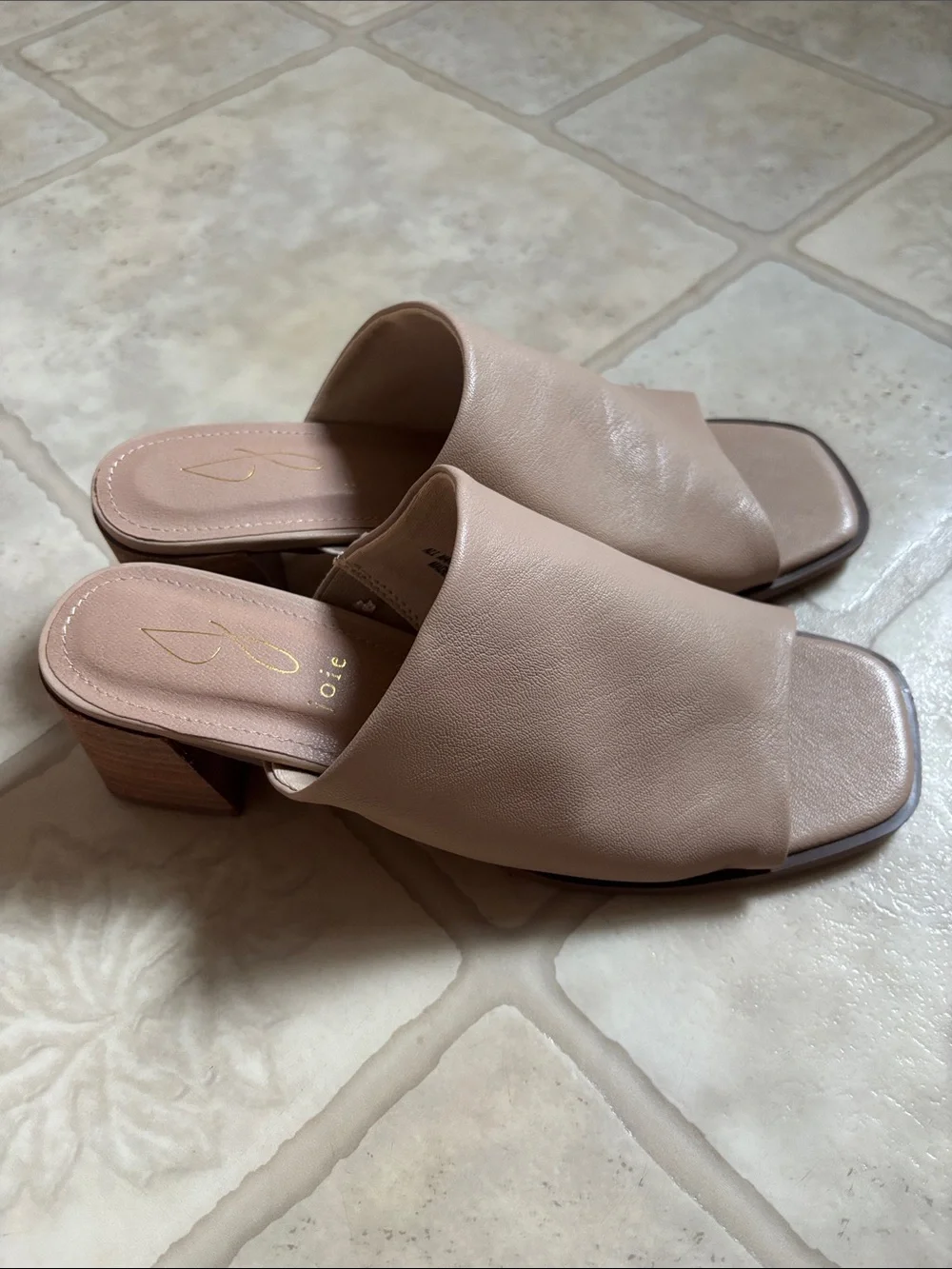 Joie Olympia Tan Beige Block Heel Square Toe Mule Sandals Women 8M